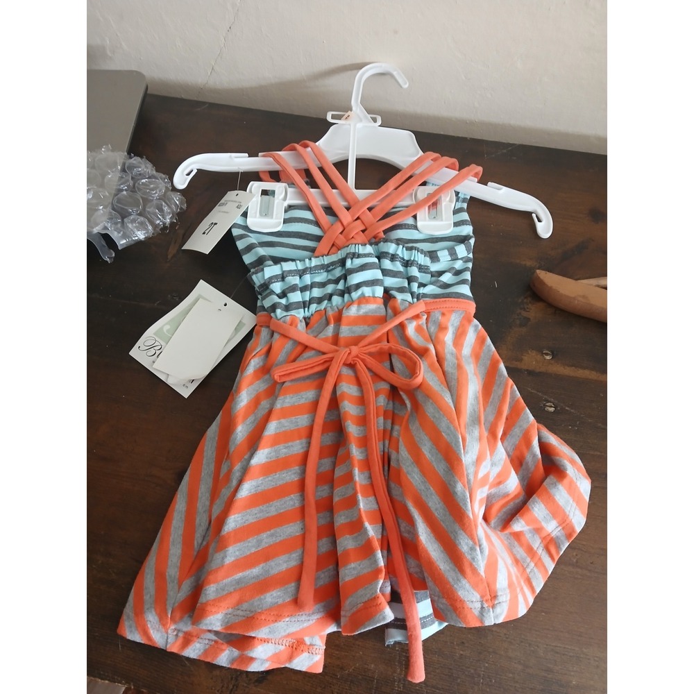 NEW Bonnie Jean Girls Orange Gray Striped Cotton Dress Size 2 T